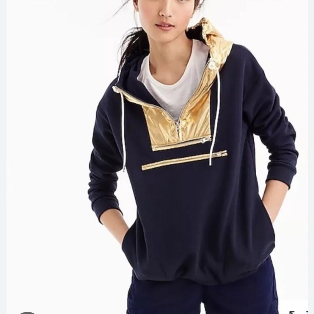 J.Crew Gold Foil Hoodie Navy Metallic Pullover Sweatshirt Size Small - Picture 16 of 16